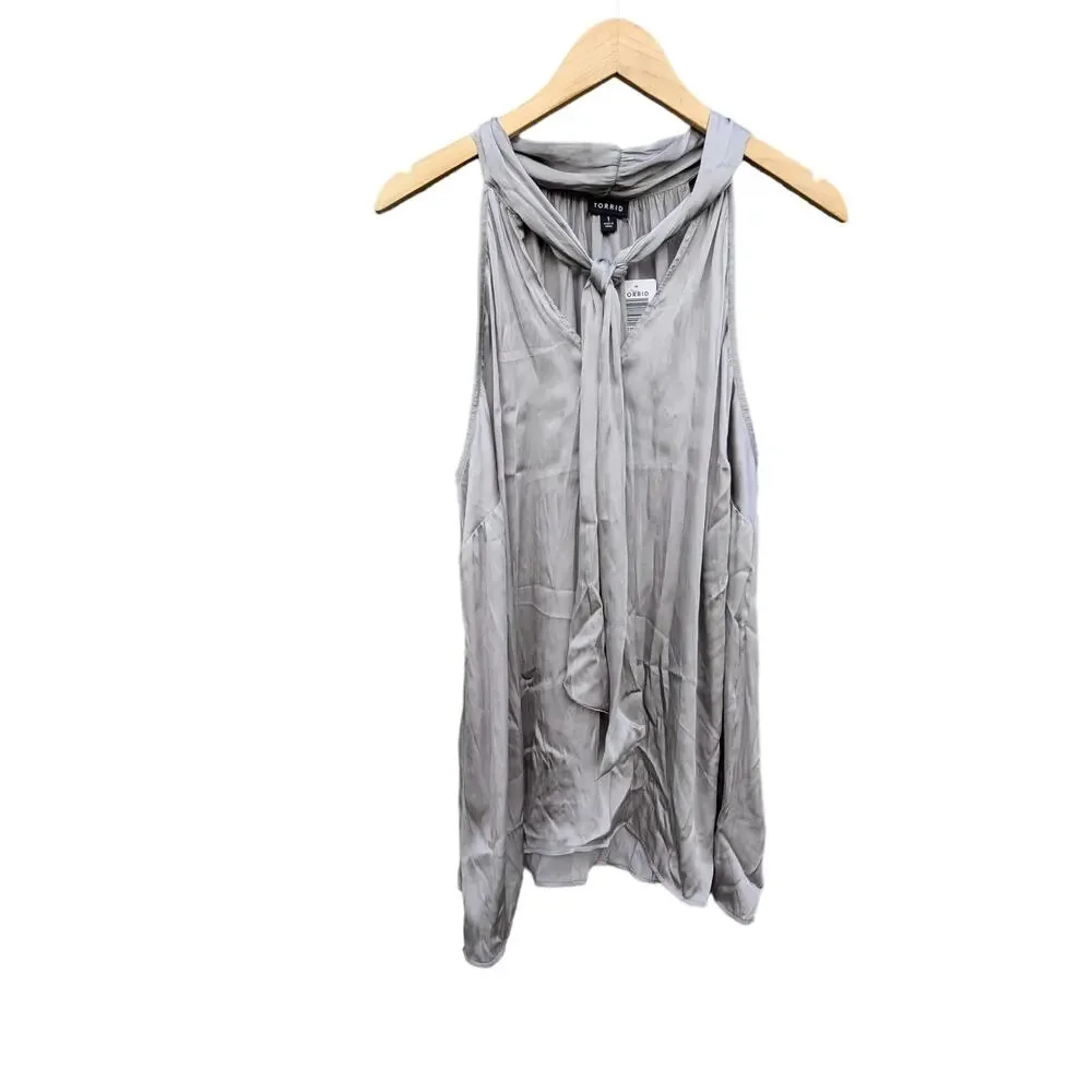 NWT Torrid Satin Silver Halter Tank Tie Front Blouse Plus Size 1X Work Office - Picture 1 of 4